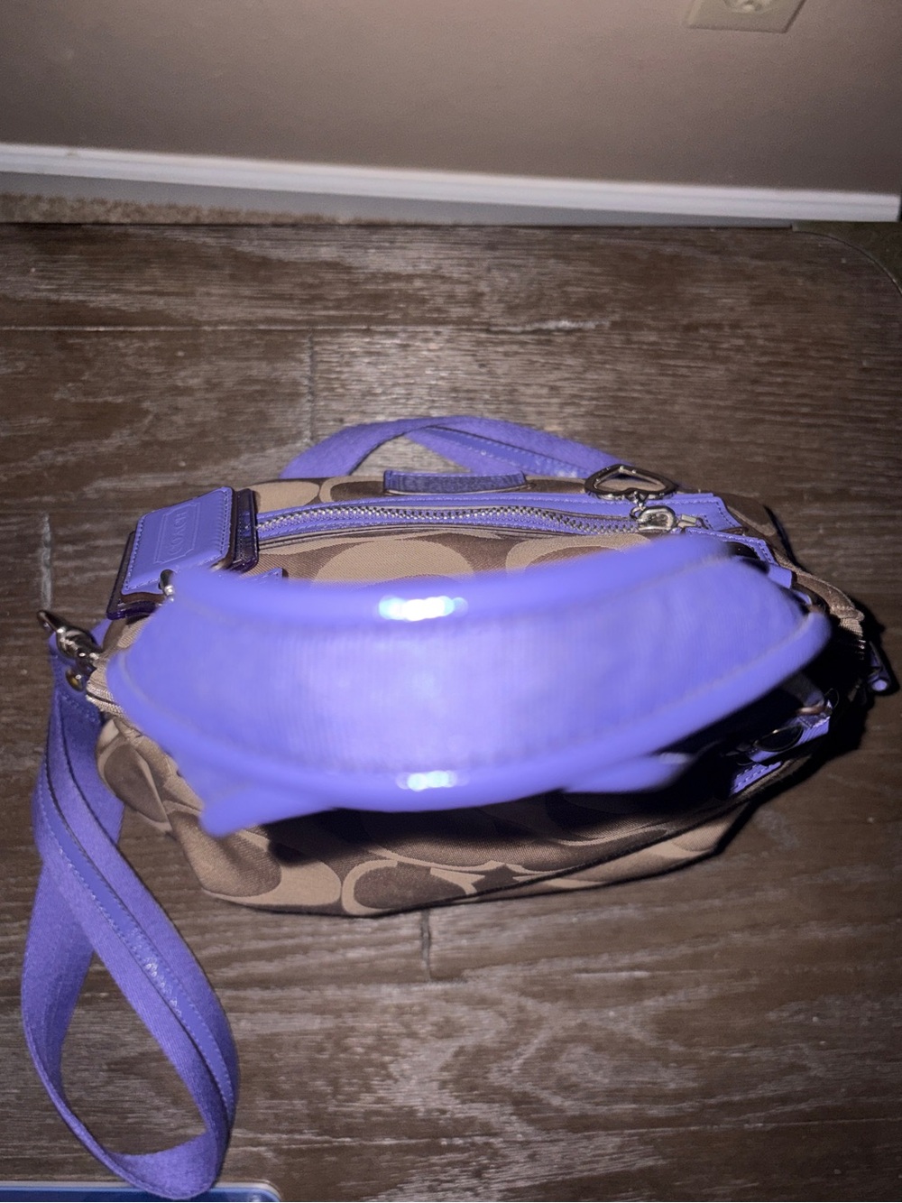 Coach Poppy Fold-over Satchel in Khaki Signature with Purple Handed w/ Trim - Picture 4 of 7